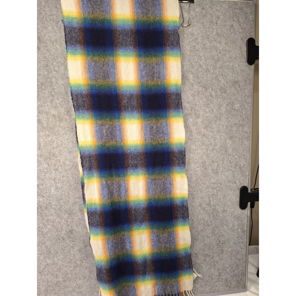 Blue Yellow Plaid Fringed Scarf Soft Woven Rectangle Winter Wrap Multi Color